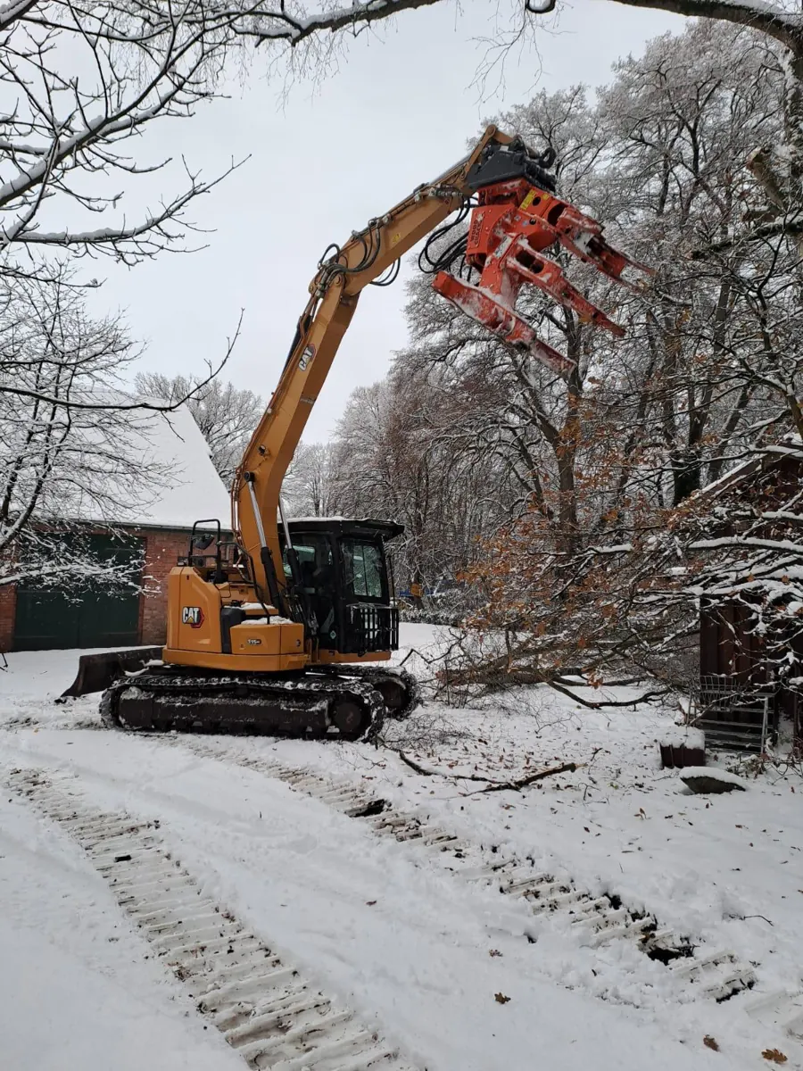 CAT 315 von Erik Rehn mit hoch ausgestrecktem Fällgreifer beim kontrollierten Abtragen eines großen Baums im Winter